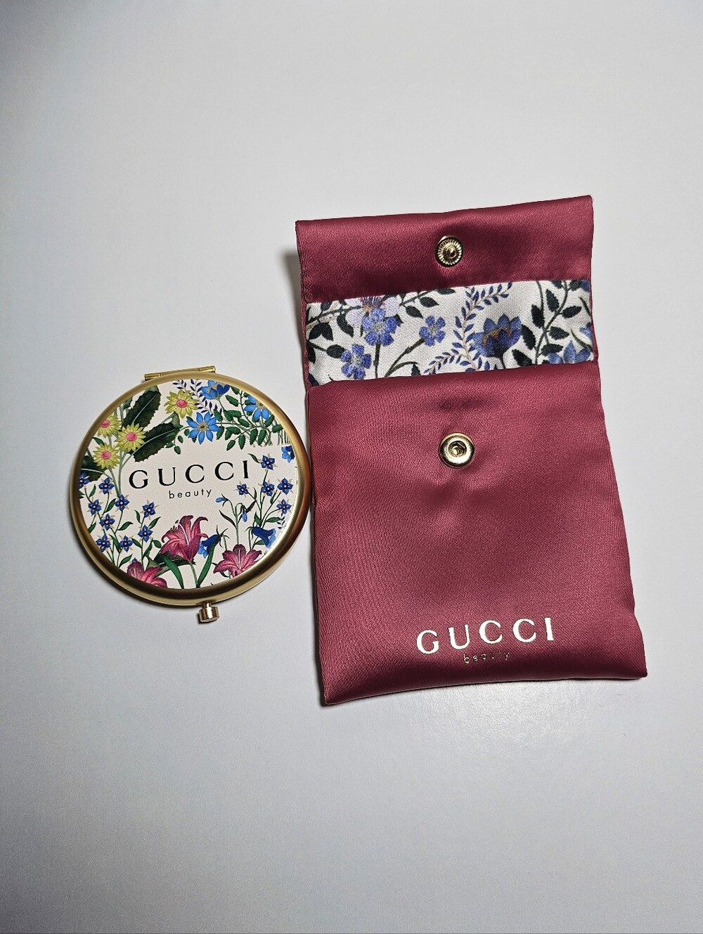 Gucci Rose Pink Satin Floral-Trim Cosmetic Pouch with Floral Compact